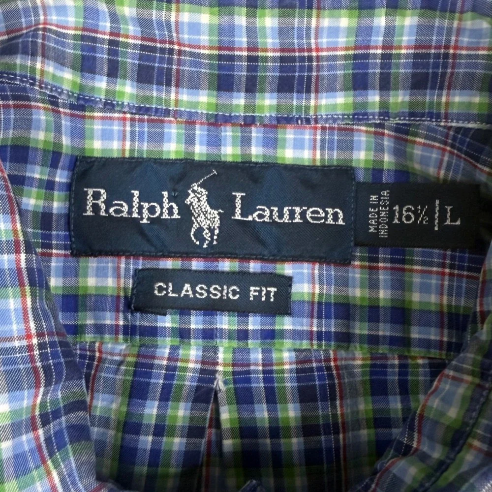 Polo Ralph Lauren Button Down Shirt Mens Large Blue Green Plaid Classic Fit